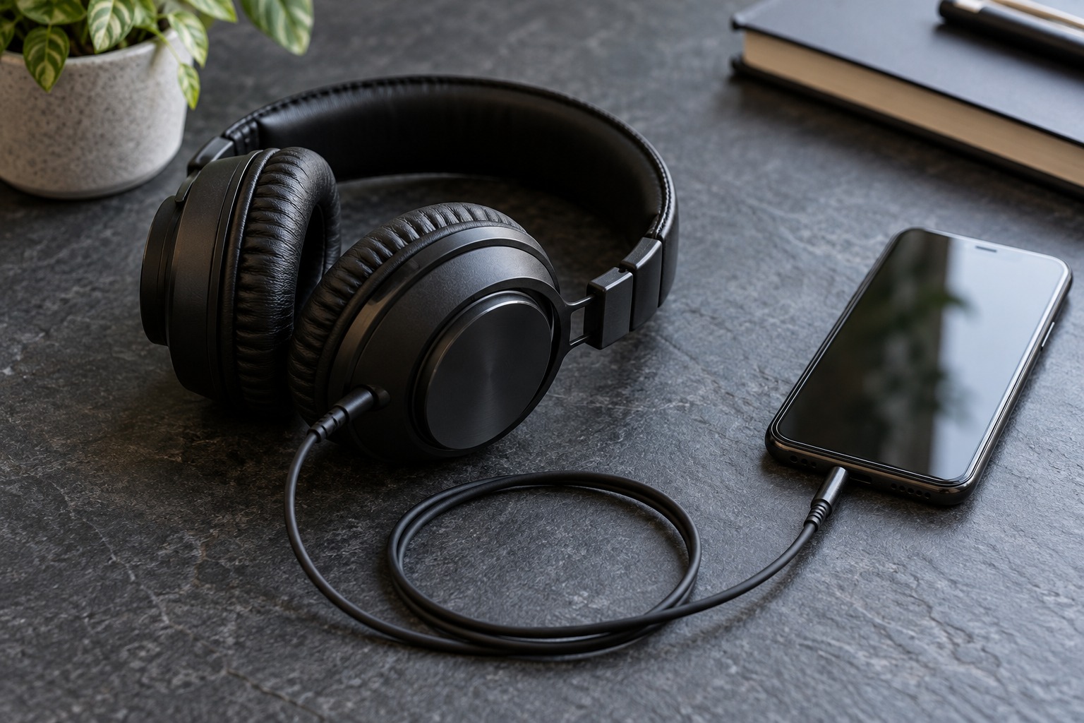 Wired headphones connected to a phone on a desk