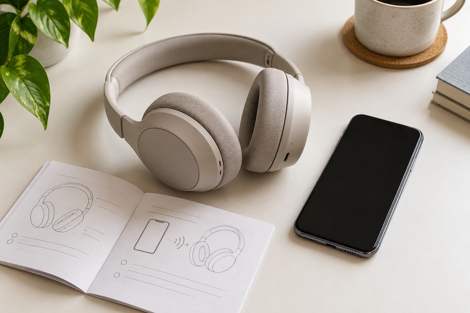 Wireless headphones and a phone beside a device manual