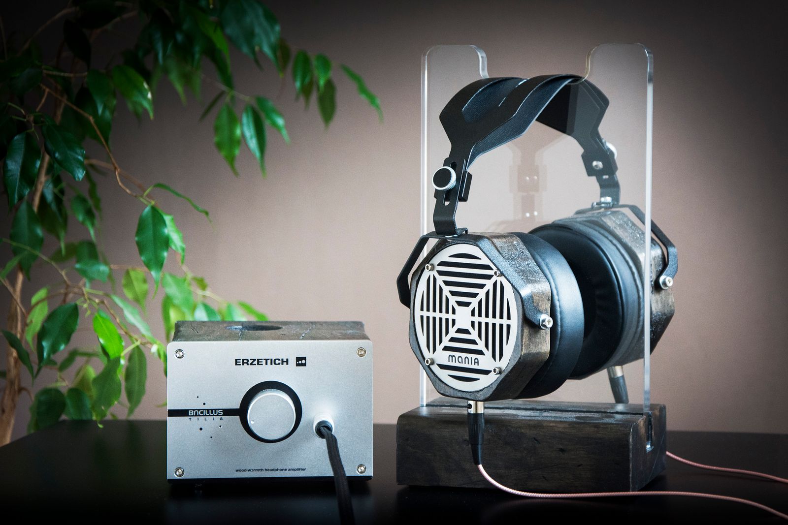 Headphones on a stand beside a desktop amplifier
