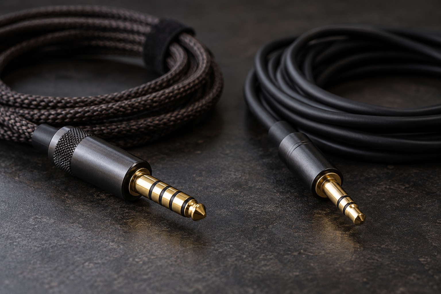 Headphone cable connectors on a dark tabletop