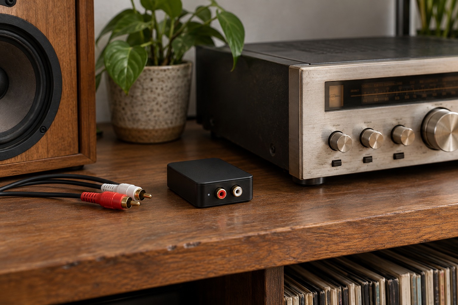 Compact audio receiver and RCA cable beside a stereo
