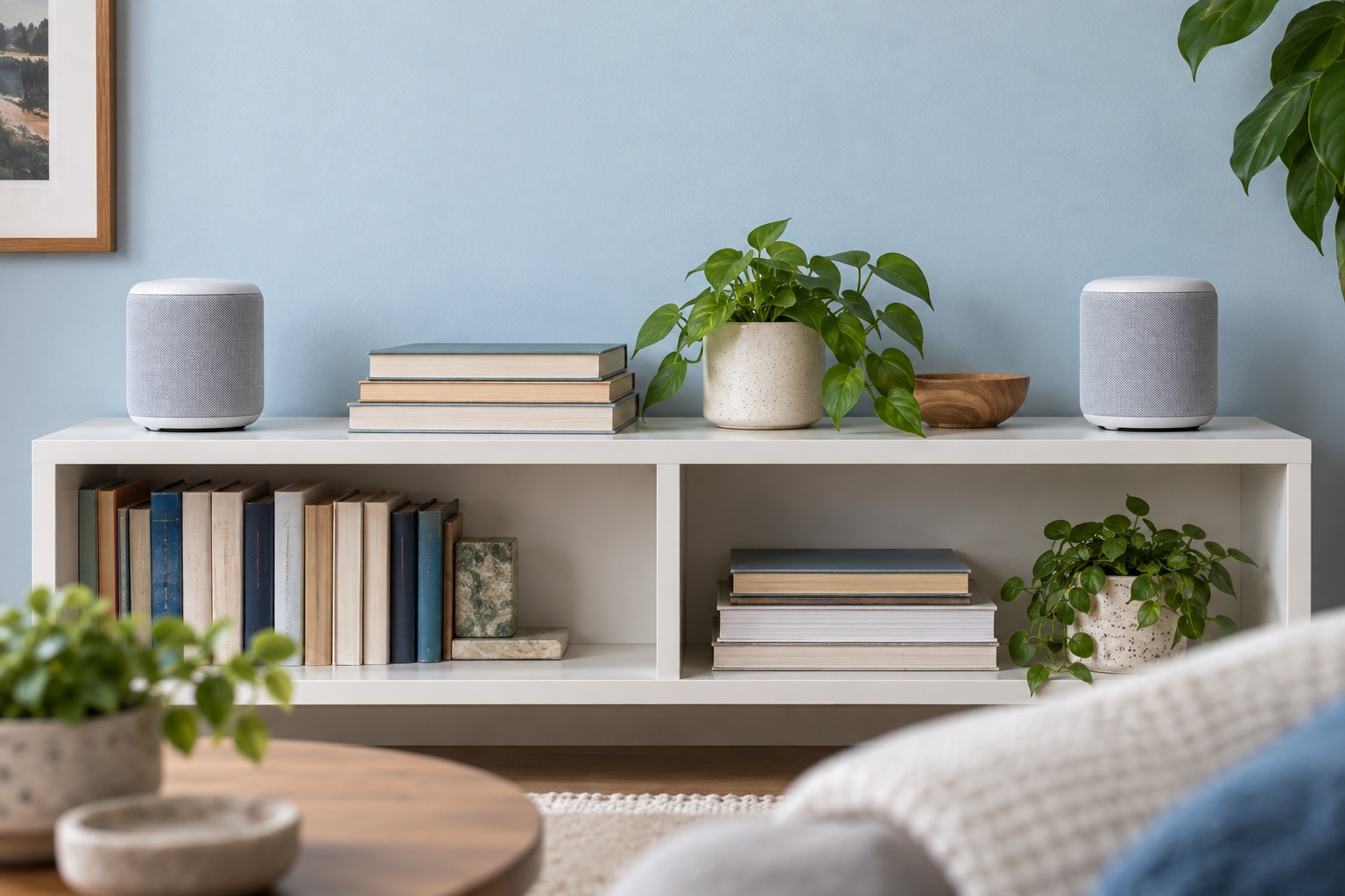 Two wireless speakers on a living-room shelf