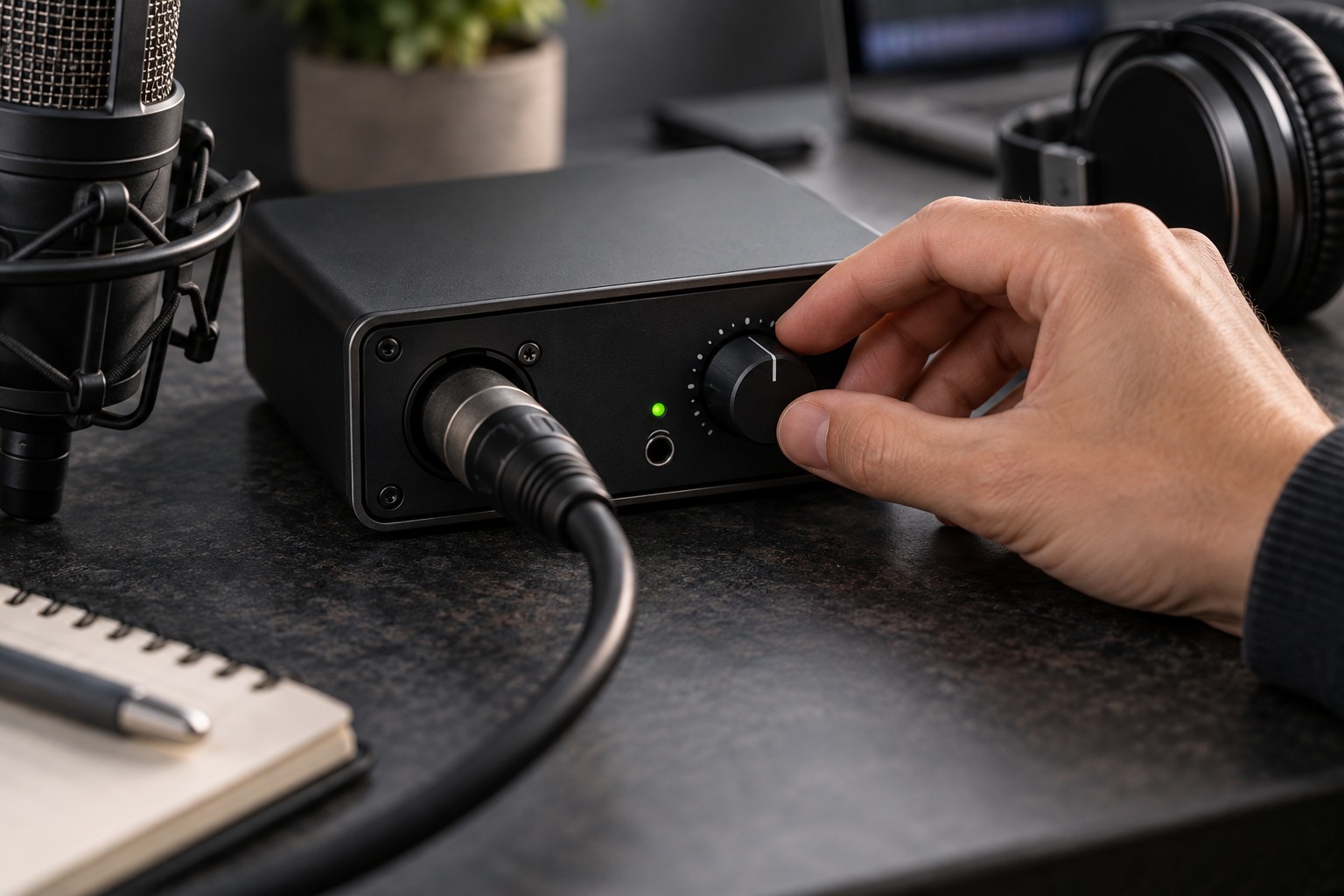 Hand adjusting a microphone gain knob on an audio interface