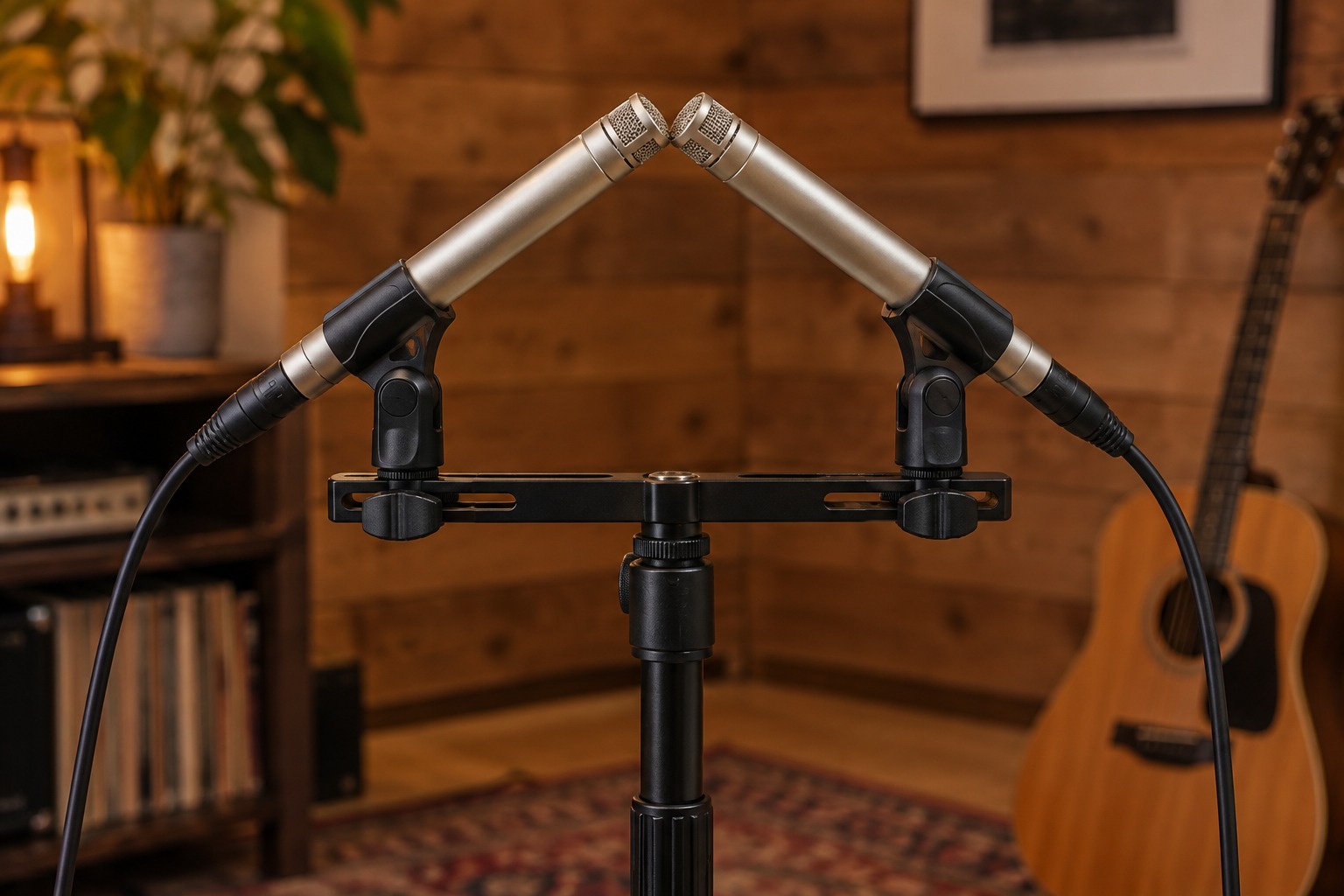 Two pencil microphones positioned as a stereo pair