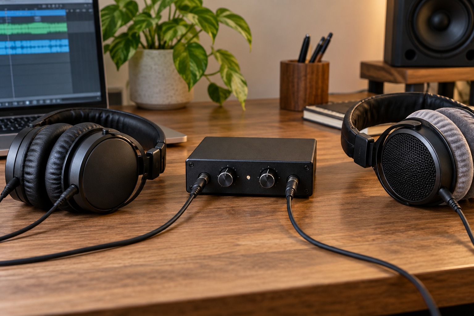 Two headphone sets connected to a headphone distribution amplifier
