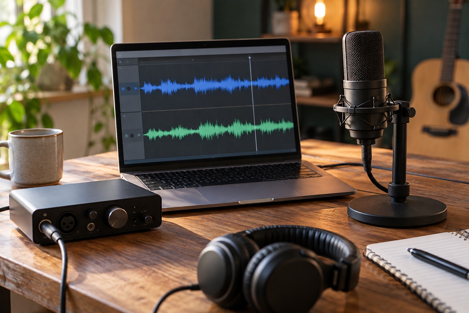 Interface and microphone beside two audio tracks on a laptop