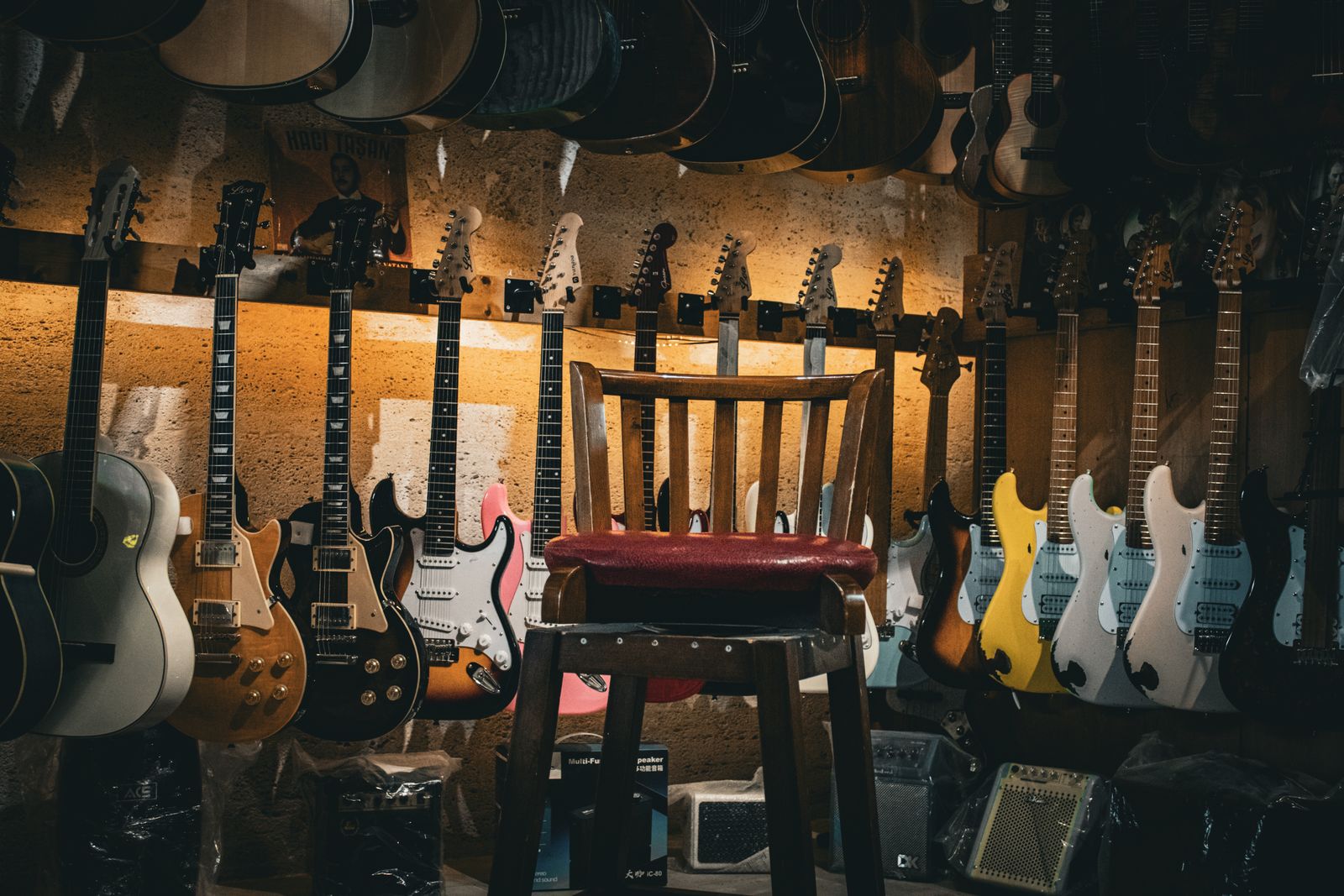 Guitars hanging in a music shop