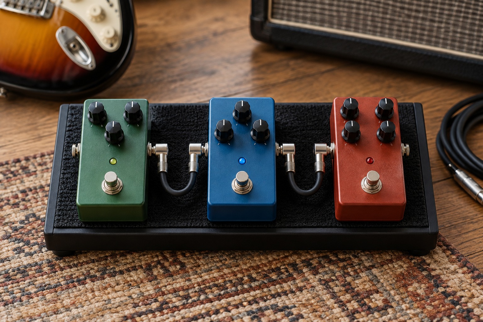 Short right-angle patch cables between three guitar pedals