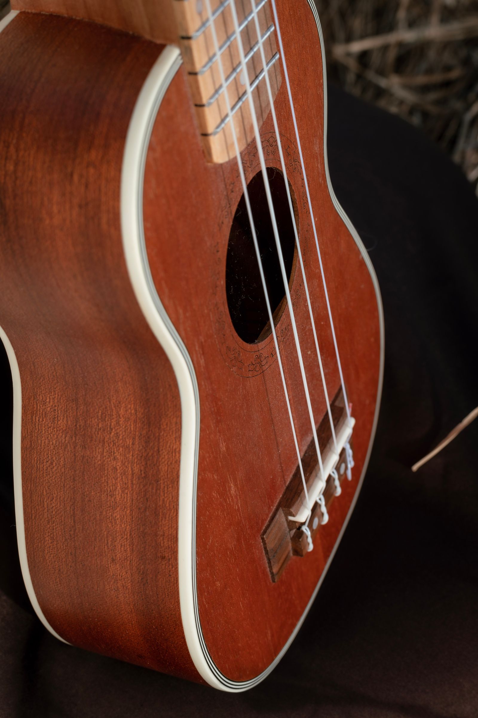 Ukulele strings crossing the bridge and sound hole