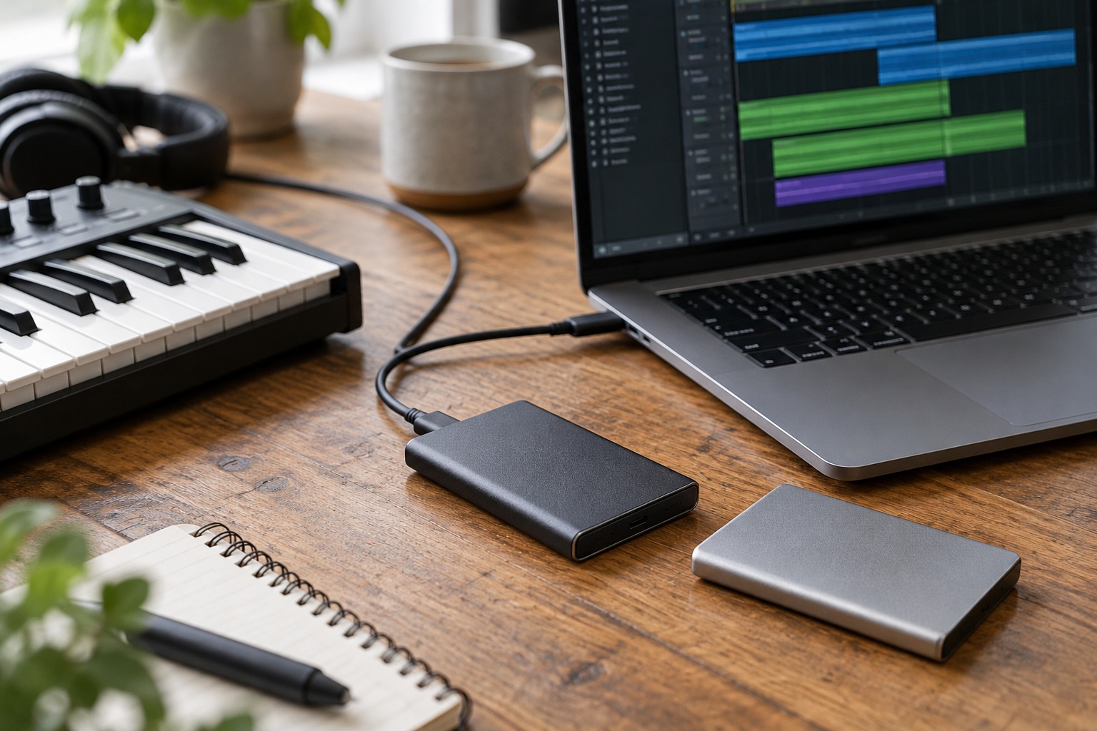 External SSDs beside a music-production laptop