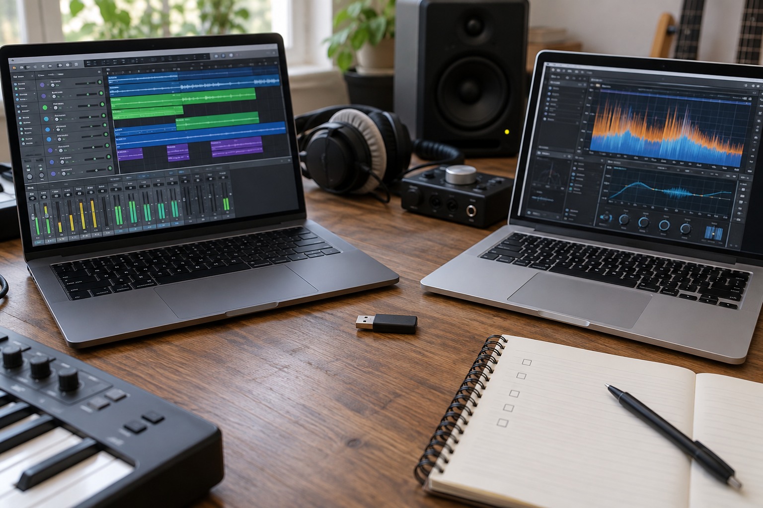 Two computers and a USB license device on a studio desk