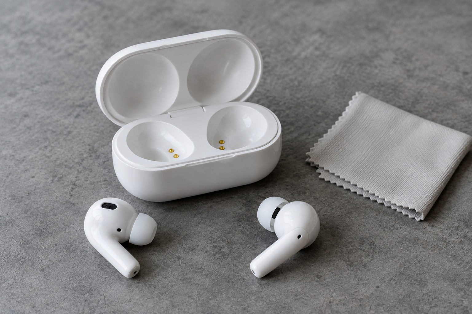 Open earbud charging case and dry cleaning cloth