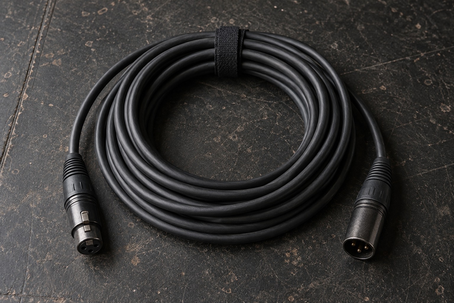 Loosely coiled audio cable secured with a soft tie