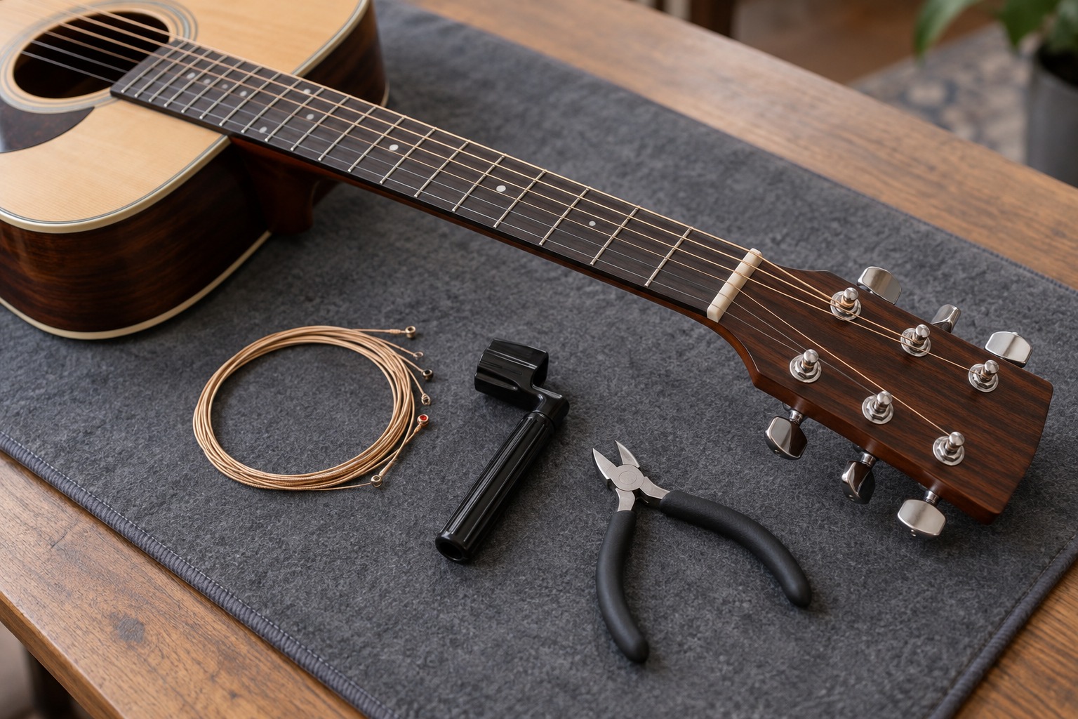 String-changing tools beside an acoustic guitar
