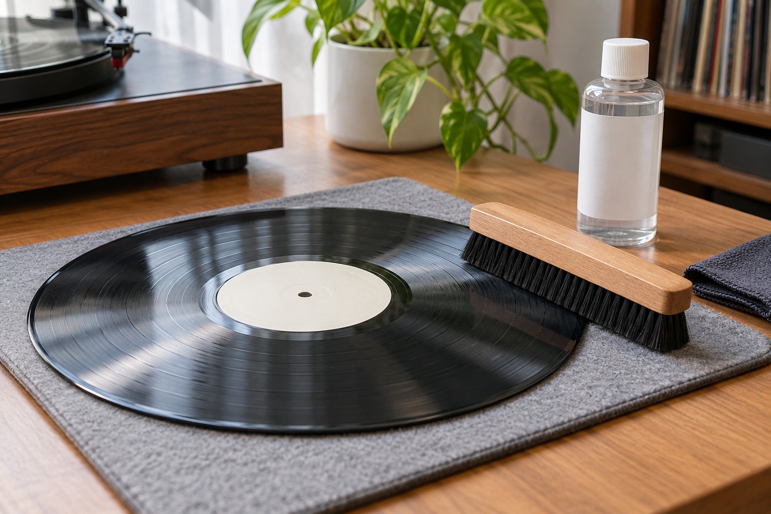 Record brush and cleaning supplies beside a vinyl record