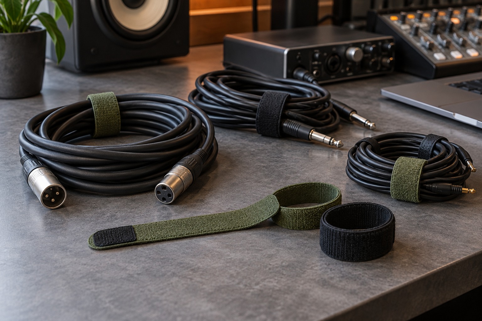 Reusable fabric cable ties around audio cables