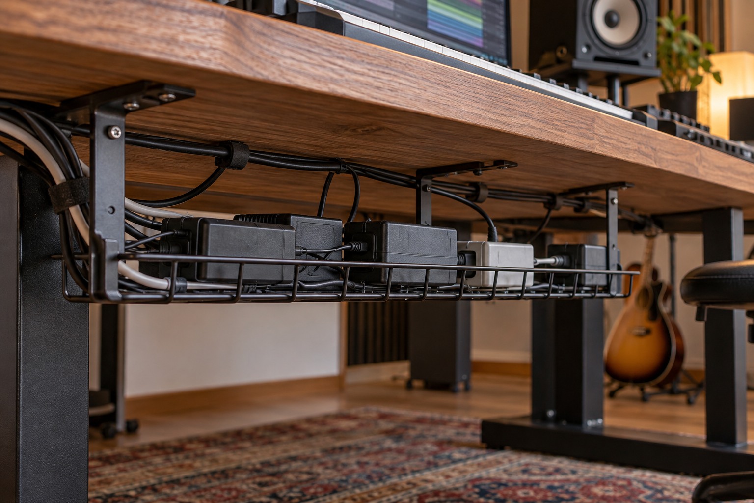 Open cable tray beneath a recording desk